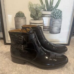 Franco Sarto 'Riddick' Black Patent Double Buckle Zip Booties Size 9.5